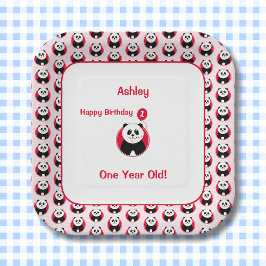 1歳の誕生日パンダ赤いバルーン ペーパープレート