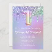 1歳の誕生日パーティの招待状パープルピンクグリッター 招待状 (正面)
