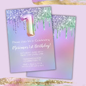 1歳の誕生日パーティの招待状パープルピンクグリッター 招待状