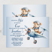 1歳の誕生日パーティーかわいいブルーベアパイロットビューティフル 招待状 (正面/裏面)