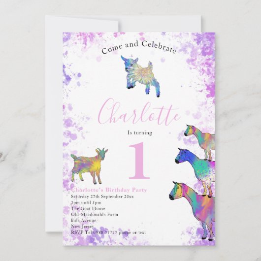 1歳の誕生日パーティーかわいいヤギ農園アニマルアート 招待状 (正面)