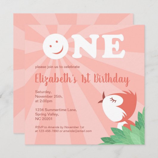 1歳の誕生日パーティーかわいい雛ガールサマー 招待状 (正面/裏面)