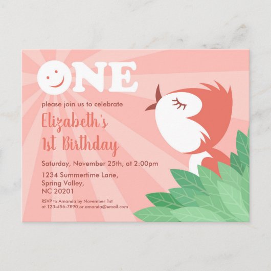 1歳の誕生日パーティーかわいい雛ガールポストカード インビテーションポストカード (正面)