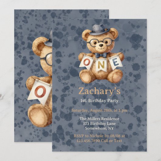 1歳の誕生日パーティーのテディベアとONEバナー 招待状 (正面/裏面)
