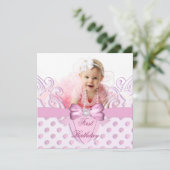 1歳の誕生日パーティーの女の子ピンクの白いリボンのイメージ 招待状 (スタンド正面)