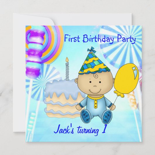1歳の誕生日パーティーの男の子ブルーケーキ 招待状 (正面)