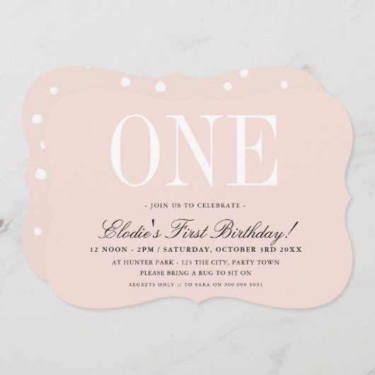 1歳の誕生日パーティーエレガントベビーピンクガールONE 招待状 (正面/裏面)