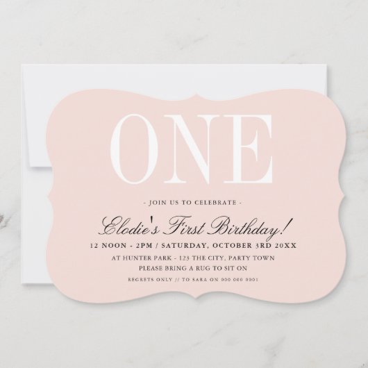 1歳の誕生日パーティーエレガントベビーピンクガールONE 招待状 (正面)