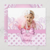 1歳の誕生日パーティーガールピンクホワイトボウイメージ 招待状 (正面/裏面)