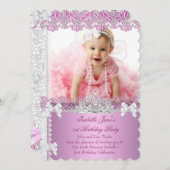 1歳の誕生日パーティーガールプリンセスピンク写真ファースト 招待状 (正面/裏面)
