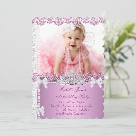 1歳の誕生日パーティーガールプリンセスピンク写真ファースト 招待状 (スタンド正面)