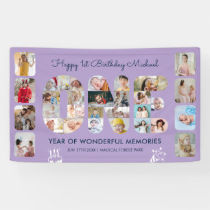 1歳の誕生日パーティーナンバーワンパープルフォトコラージュ 横断幕