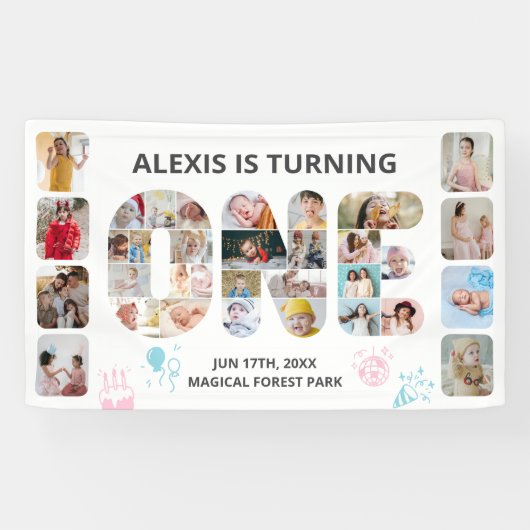 1歳の誕生日パーティーナンバーワンフォトコラージュ 横断幕 (横)