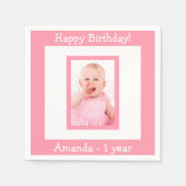 1歳の誕生日パーティーピンクのフォトガール スタンダードカクテルナプキン (正面)