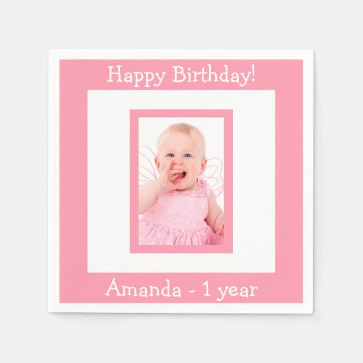 1歳の誕生日パーティーピンクのフォトガール スタンダードカクテルナプキン (正面)