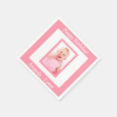1歳の誕生日パーティーピンクのフォトガール スタンダードカクテルナプキン (角)