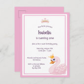1歳の誕生日パーティーピンクの白鳥の少女の招待 ポストカード (正面/裏面)