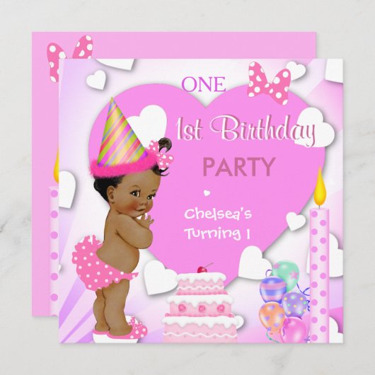 1歳の誕生日パーティーピンクエスニックアフリカアメリカ 招待状 (正面/裏面)