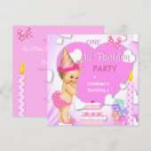 1歳の誕生日パーティーピンクブロンドベビーガール 招待状 (正面/裏面)