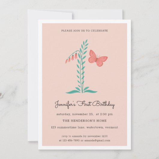1歳の誕生日パーティーフローラ植物蝶ボホ 招待状 (正面)