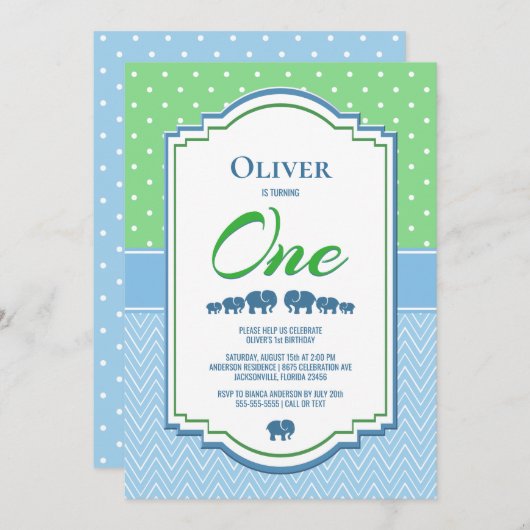 1歳の誕生日パーティーブルーゾウ 招待状 (正面/裏面)