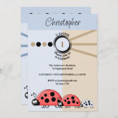 1歳の誕生日パーティーラディバグズブルー祝ブラウン 招待状 (正面/裏面)