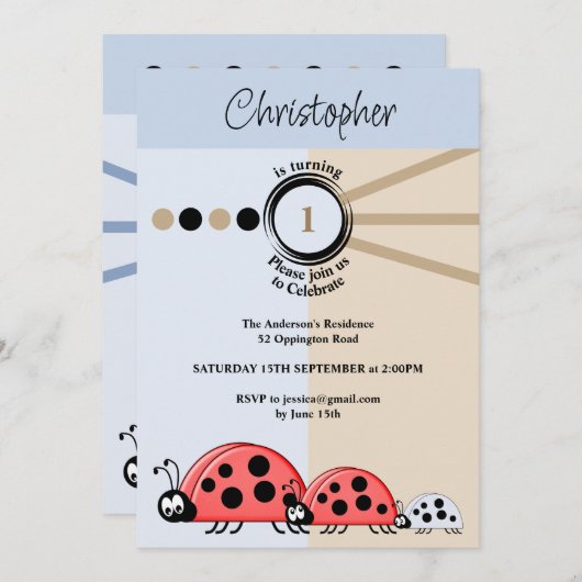 1歳の誕生日パーティーラディバグズブルー祝ブラウン 招待状 (正面/裏面)