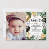 1歳の誕生日パーティー写真ジャングルサファリワイルドワン 招待状 (正面)