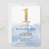 1歳の誕生日パーティー招待状モダン金ゴールドグリッター青 招待状 (正面)