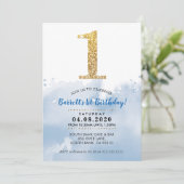 1歳の誕生日パーティー招待状モダン金ゴールドグリッター青 招待状 (スタンド正面)
