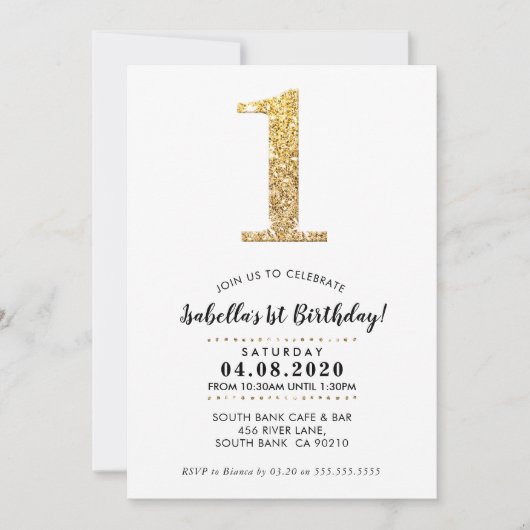 1歳の誕生日パーティー招待状モダン金ゴールドグリッター 招待状 (正面)