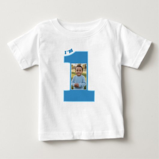 1歳の誕生日パーティー男子青一枚の写真 ベビーTシャツ (正面)