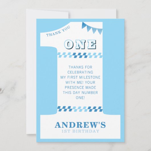 1歳の誕生日パーティー男子 青い1の写真 サンキューカード (正面)