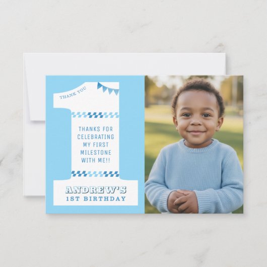 1歳の誕生日パーティー男子 青い1枚の写真 サンキューカード (正面)