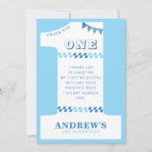 1歳の誕生日パーティー男子 青い1 フォト サンキューカード (正面)