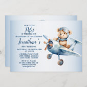 1歳の誕生日パーティー かわいい青いクマのパイロット 美しい 招待状 (正面/裏面)