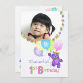 1歳の誕生日パーティー パープルプリンセスベア フォト付 招待状 (正面/裏面)