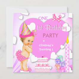 1歳の誕生日パーティー ピンクブロンドの赤ちゃん女の子 招待状