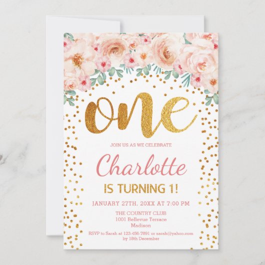 1歳の誕生日パーティー - ホワイトゴールドピンク 招待状 (正面)