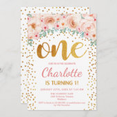 1歳の誕生日パーティー - ホワイトゴールドピンク 招待状 (正面/裏面)