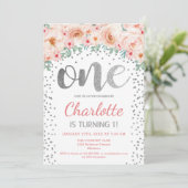 1歳の誕生日パーティー - ホワイト シルバー ピンク 招待状 (スタンド正面)