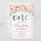 1歳の誕生日パーティー - ホワイト シルバー ピンク 招待状 (正面/裏面)