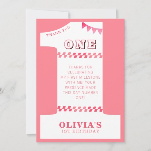 1歳の誕生日パーティー 女の子 ピンク ワンフォト サンキューカード (正面)