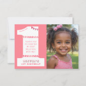 1歳の誕生日パーティー 女の子 ピンク ワンフォト サンキューカード (正面)
