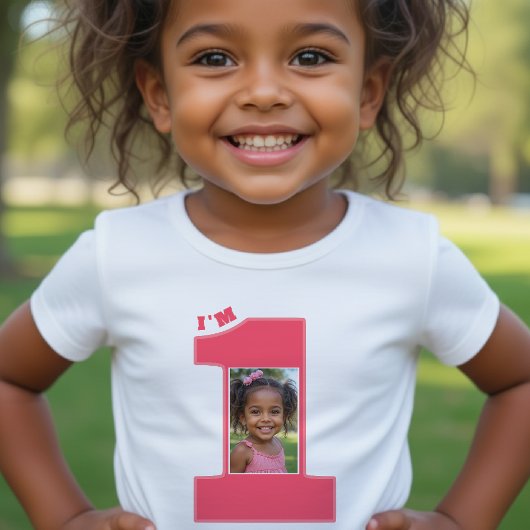 1歳の誕生日パーティー 女の子 ピンク ワンフォト ベビーTシャツ