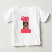 1歳の誕生日パーティー 女の子 ピンク ワンフォト ベビーTシャツ (正面)
