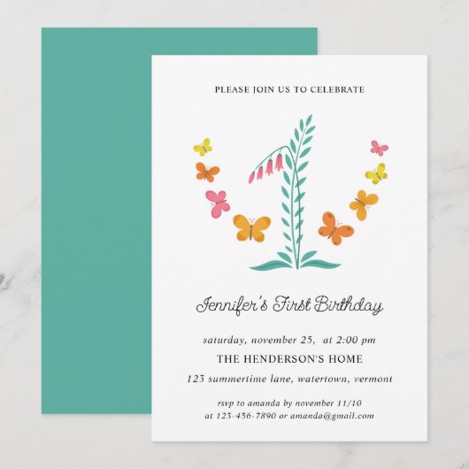 1歳の誕生日パーティー 花の植物 バタフライ 招待状 (正面/裏面)