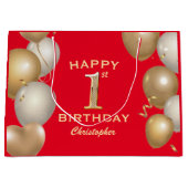 1歳の誕生日パーティー 赤と金の風船 ラージペーパーバッグ (正面)