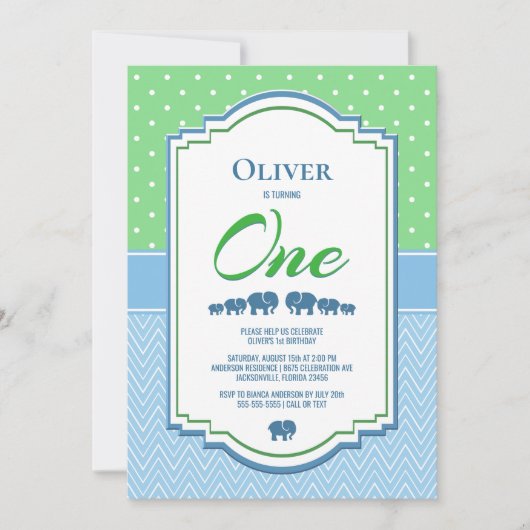 1歳の誕生日パーティー 青い象 招待状 (正面)
