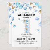 1歳の誕生日パーティー、青と金ゴールドバルーンボーイ 招待状 (正面/裏面)